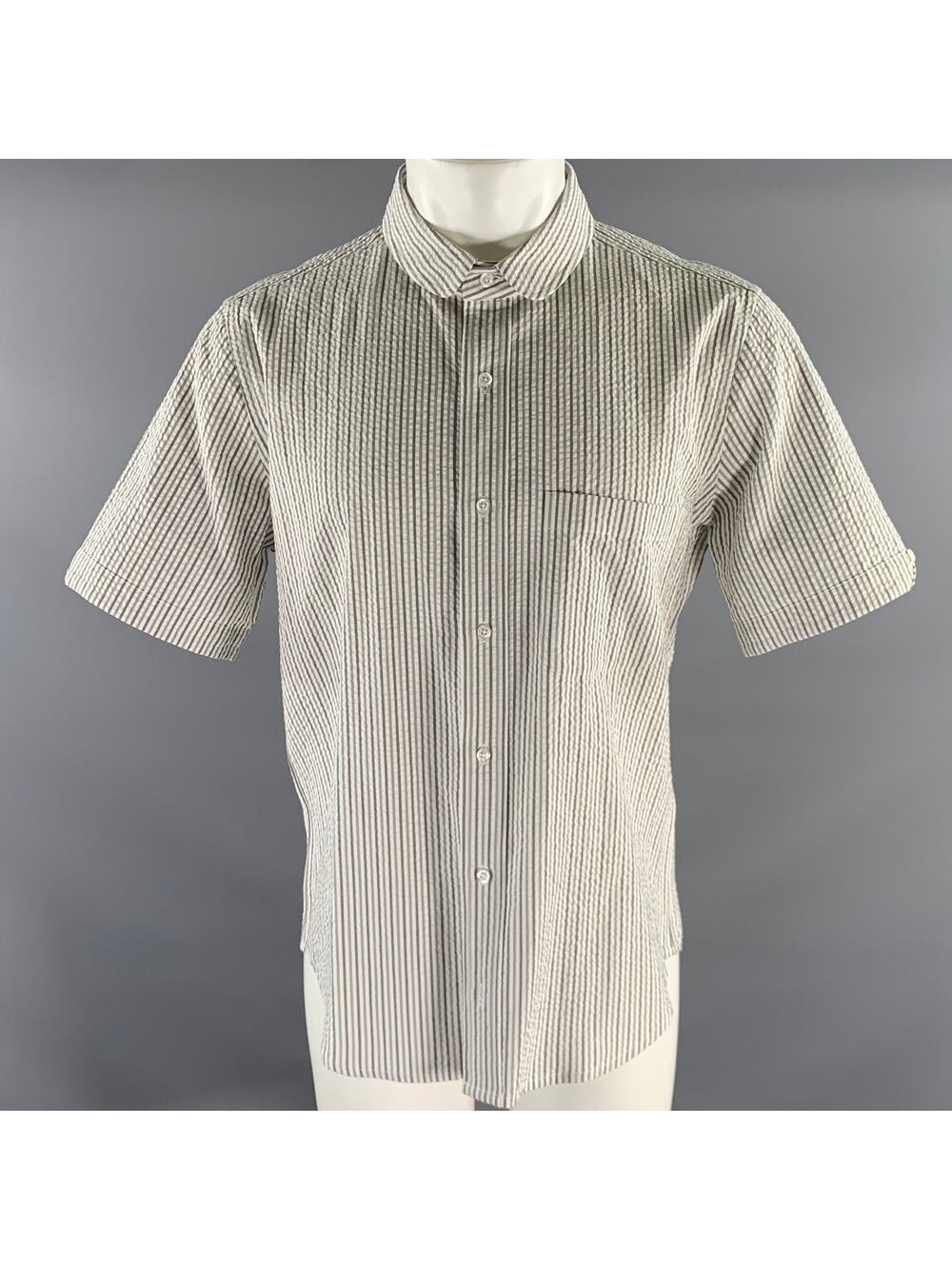 THOM BROWNE L White Grey Seersucker Stripe Cotton Club Collar Short Sleeve Shirt